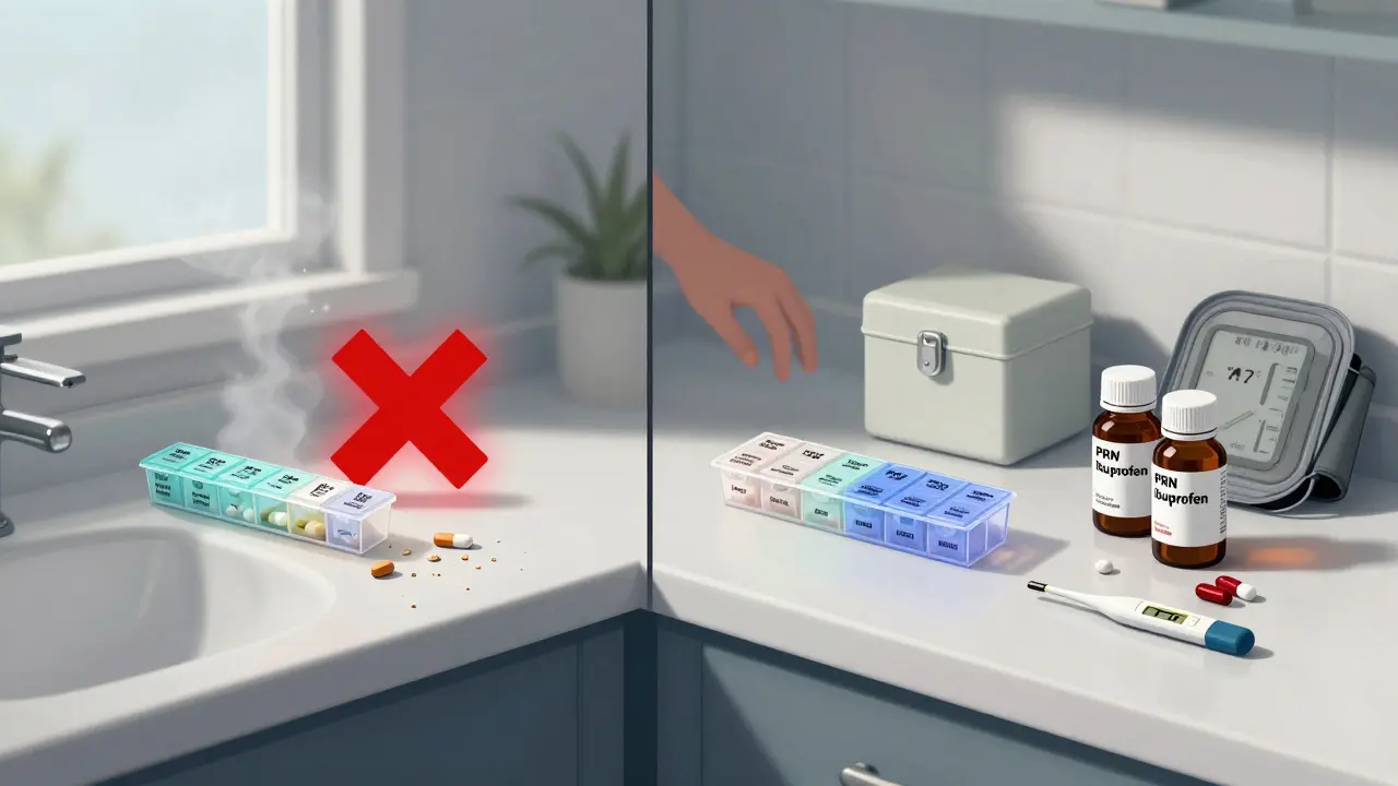 A side-by-side comparison of a dangerous damp bathroom organizer versus a safe, dry, properly labeled organizer on a kitchen counter.