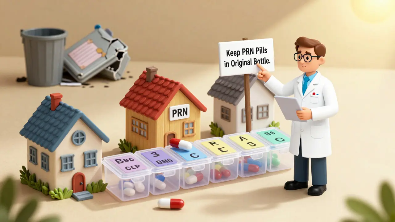 A whimsical pill organizer village where a pharmacist prevents mixing PRN pills with daily meds, with a broken organizer in the trash.