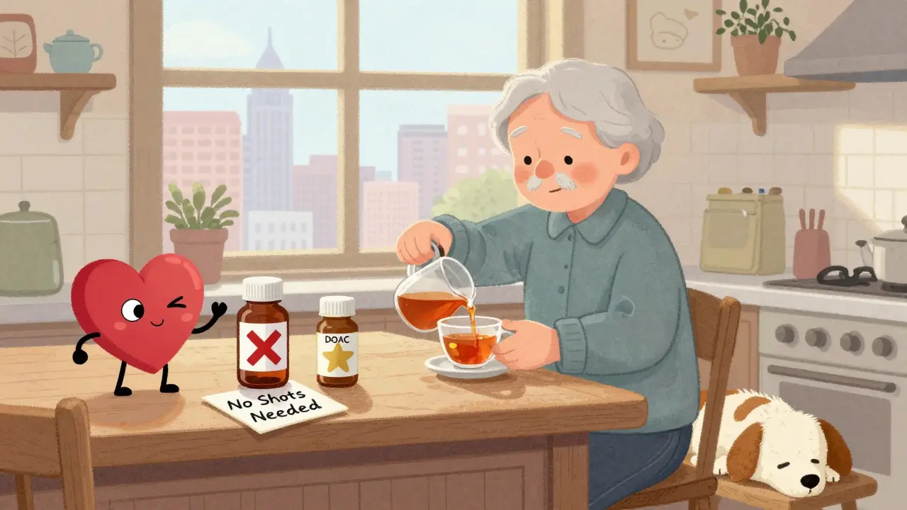 An elderly person in a kitchen with pill bottles and a smiling heart, illustrating that DOACs eliminate the need for bridging therapy.