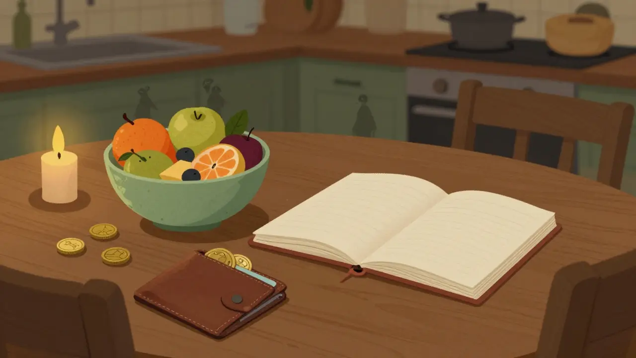Home scene with wallet, fruit, and notebook symbolizing cost and diet management.