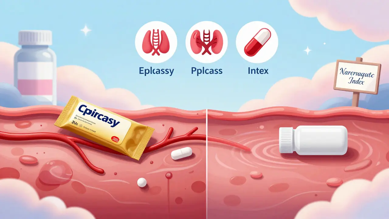 Internal body illustration showing smooth drug flow versus a ripple effect, with medical symbols floating above.
