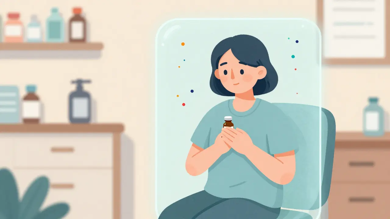 Patient holding medication bottle securely while avoiding allergic reactions visually.