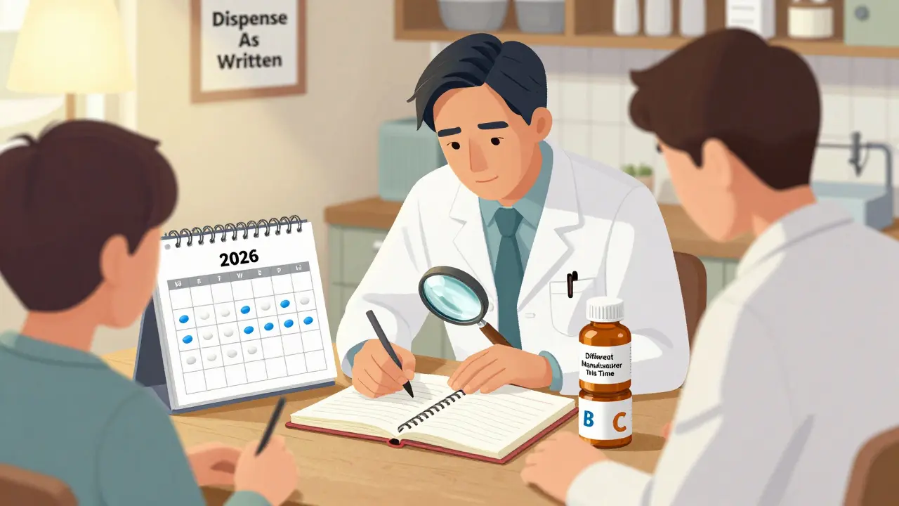 Patient logging pill changes in a journal while doctor and pharmacist review it, with a 2026 clock and substitution sticker visible.