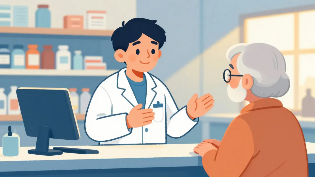 Pharmacist talking to patient about medicine options in a friendly pharmacy.