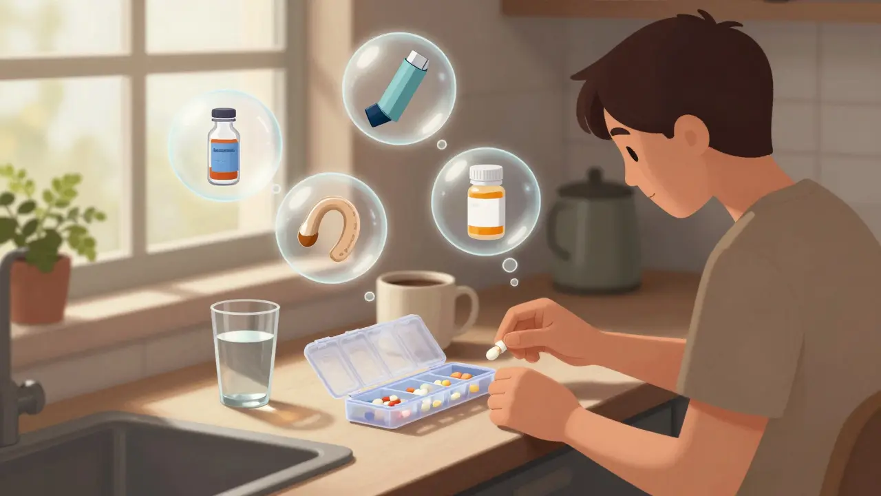 Someone takes medication at home with everyday items nearby, while floating symbols show brain treatment as equal to insulin and inhalers.