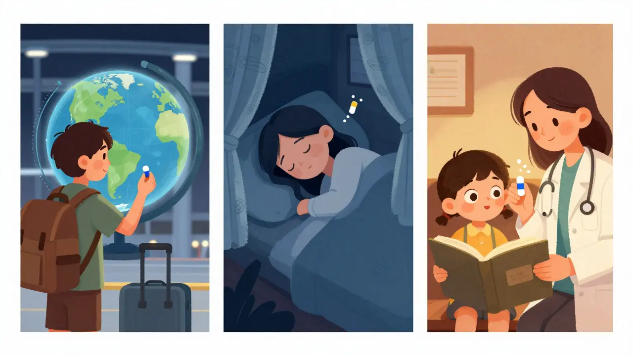 Three scenes: a traveler adjusting to jet lag, a shift worker sleeping in daylight, and a child taking low-dose melatonin under a doctor's care, all in warm dim light.