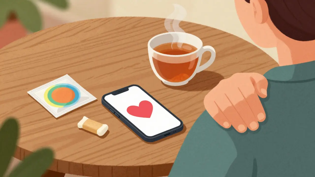 A collection of smoking cessation tools including a patch, gum, and a support app