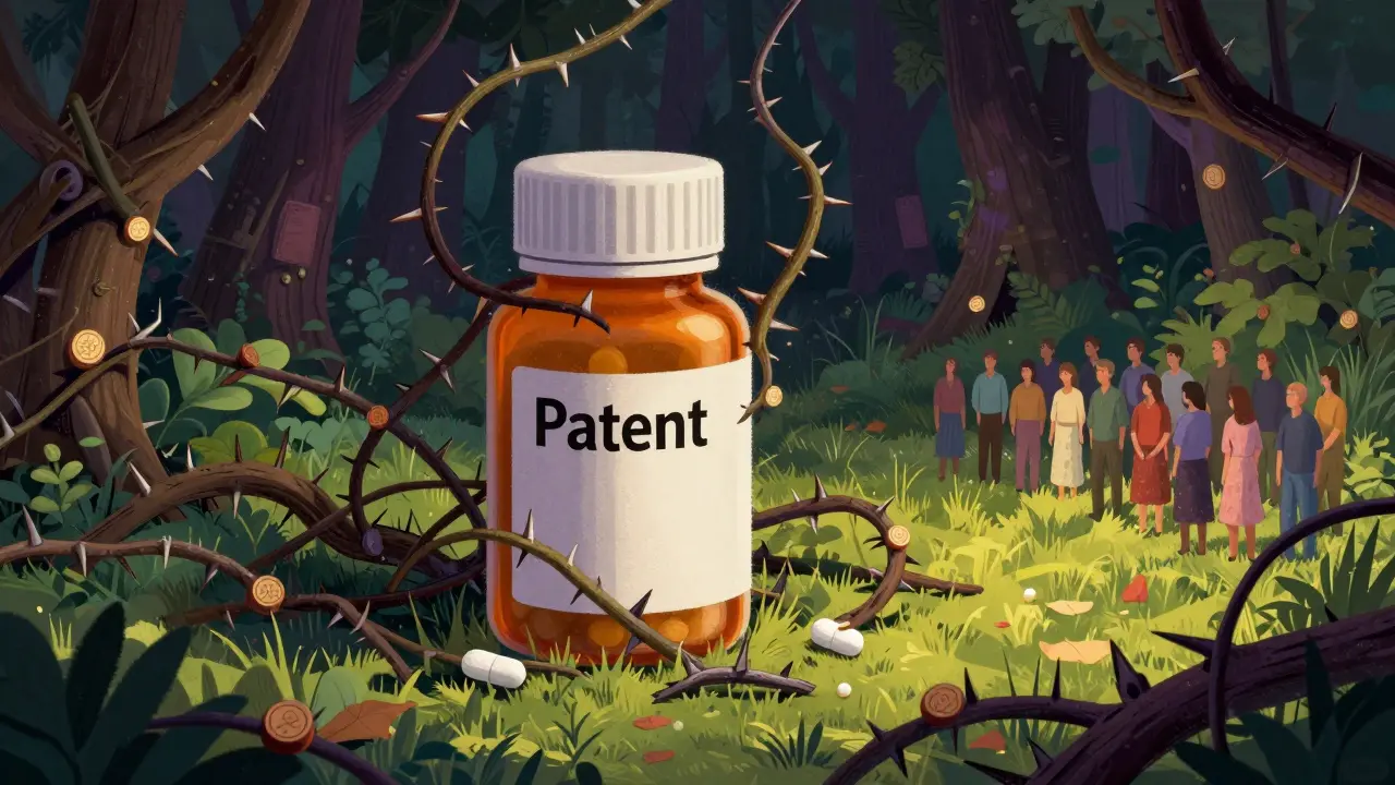 A generic pill pushing through a thorny forest of patent vines to reach patients.