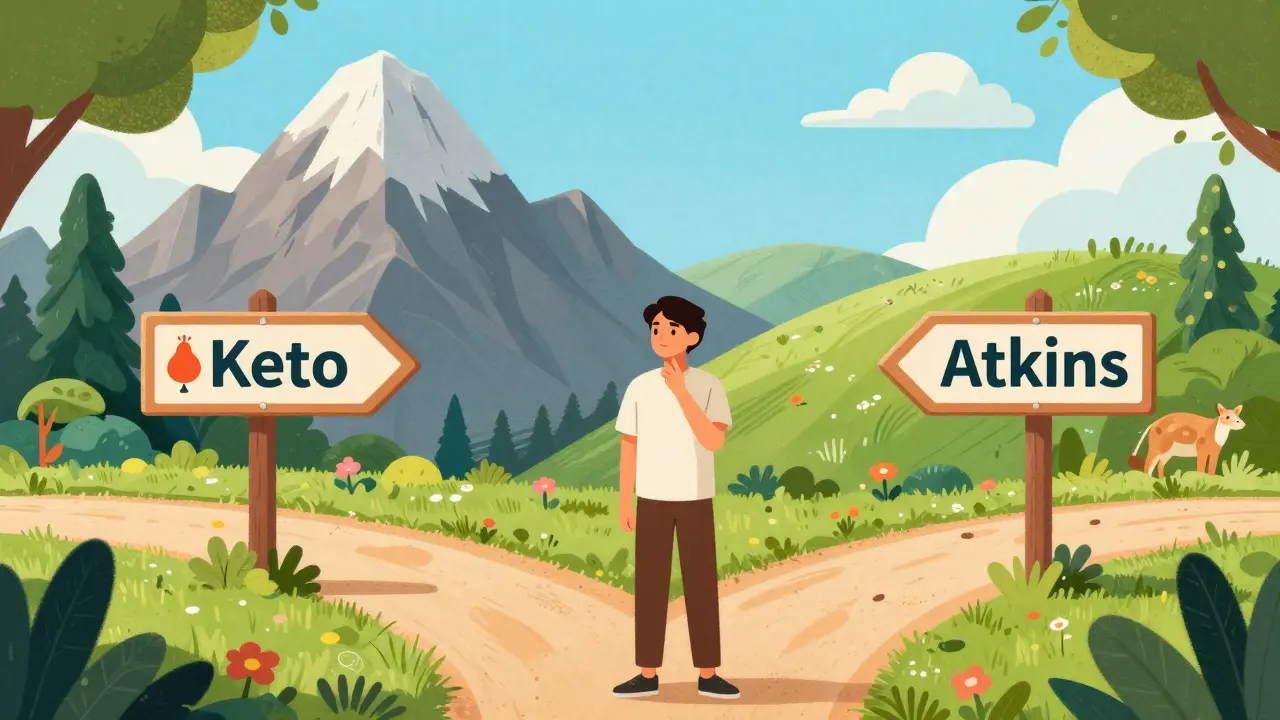 A person choosing between a steep mountain and a gentle meadow at a crossroads.