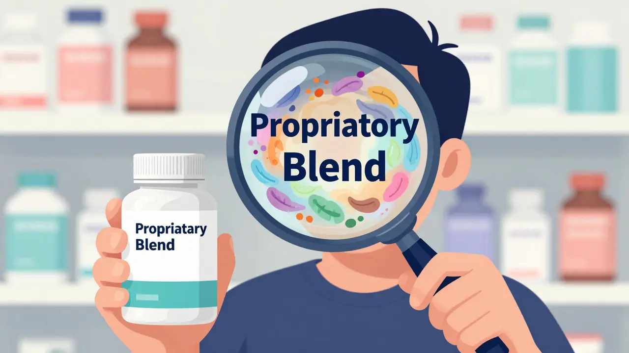 A person using a magnifying glass to examine a mysterious proprietary blend on a label