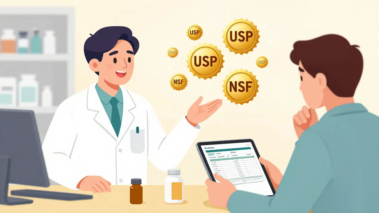A pharmacist guiding a customer toward third-party certified supplement seals