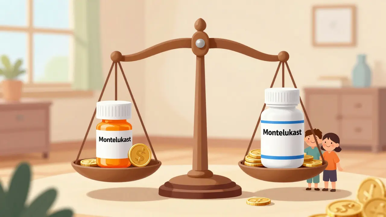 A scale comparing expensive brand medicine with affordable generic savings