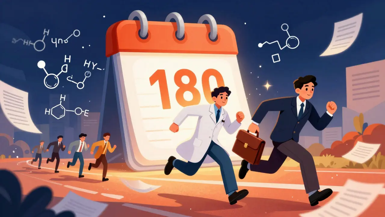 A scientist and lawyer racing toward a giant 180-day clock in a whimsical setting.