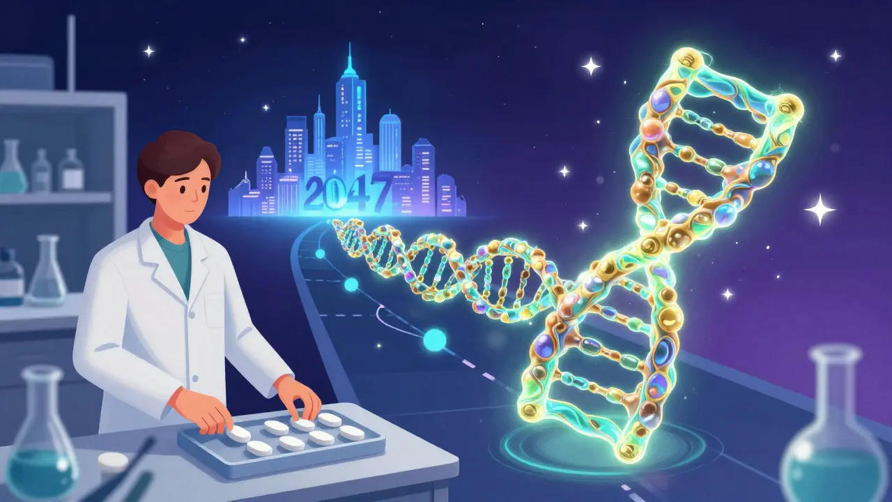 A scientist developing complex biosimilar biological drugs with a vision of future medical innovation.