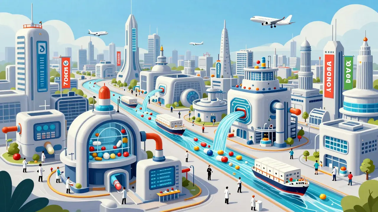 A whimsical, large-scale pharmaceutical manufacturing hub in India shipping medicines globally.