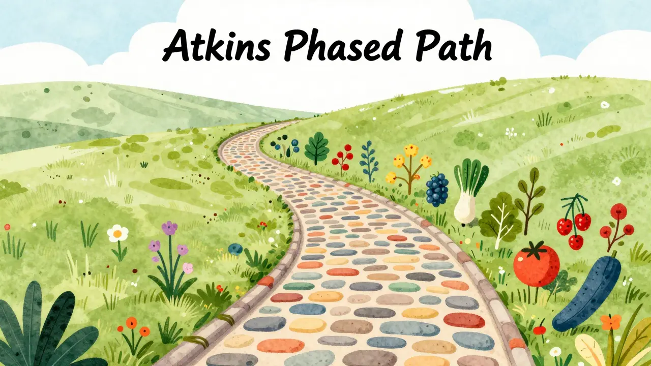 A winding path showing the gradual addition of foods through the Atkins diet phases.