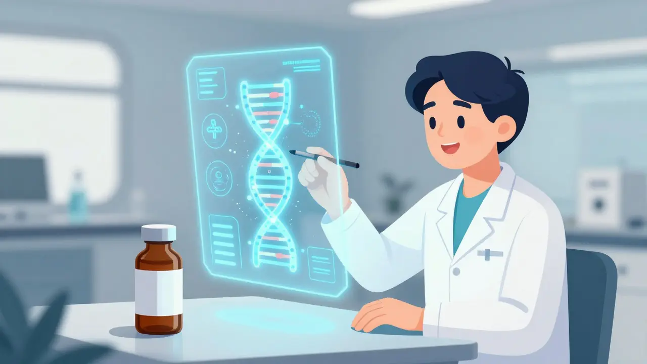 Futuristic AI interface analyzing genetic data for personalized medication