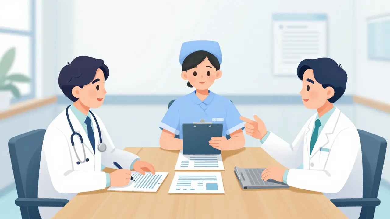 Medical director, nursing lead, and pharmacist discussing drug guidelines in a boardroom