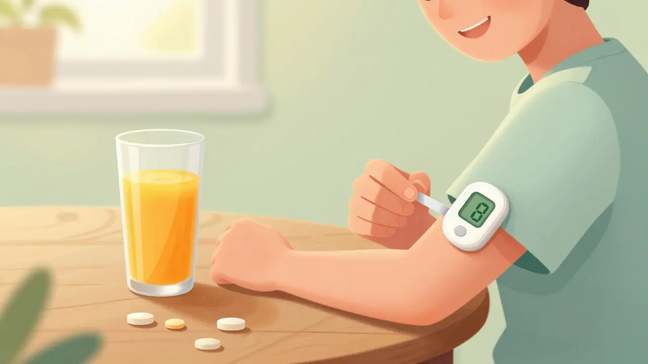 Person with a CGM sensor and fast-acting glucose snacks on a table.